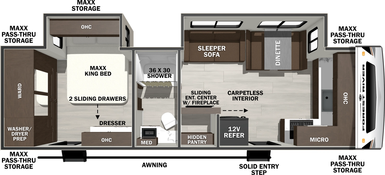 The Wildcat Travel Trailers 277FKX floorplan has two entries and two slide outs. Exterior features include: fiberglass exterior and 20' awning. Interiors features include: front kitchen, rear bedroom and pass through bathroom.